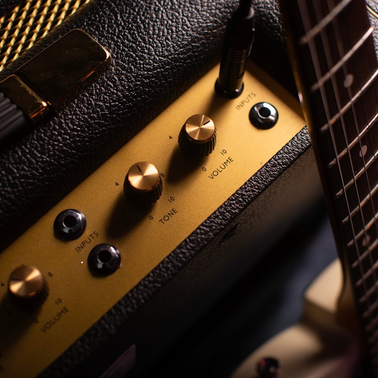 Close up on Marshall's black and gold 1974X handwired combo.