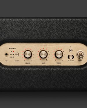 Close-up of a black speaker control panel featuring gold dials for volume, bass, and treble, with labeled input and power buttons.