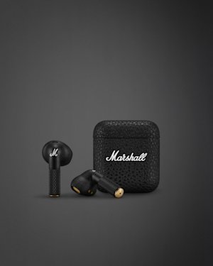 Marshall Minor IV Black kabellose Ohrhörer, die außerhalb des Gehäuses platziert werden.
