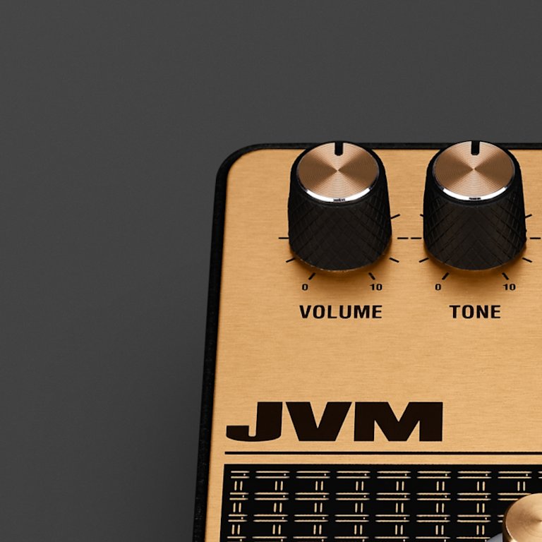 The volume and tone control knobs of the Marshall JVM Overdrive pedal.