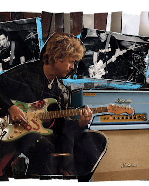 Billie Joe Armstrong plays an electric guitar in front of Marshall 1959 BJA Artist Signature, with black-and-white band performance photos in the background.