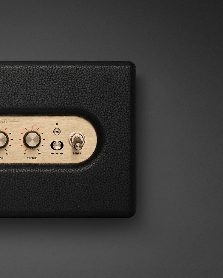 Top right view of Marshall Acton IV Black Bluetooth speaker.