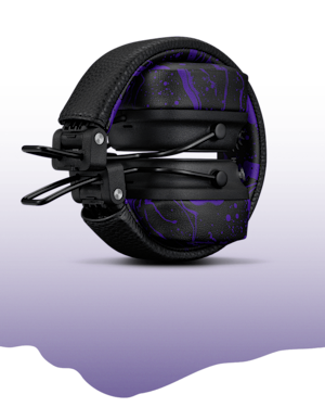 Folded Major V Hendrix Edition headphones against a background with a purple gradient at the bottom.