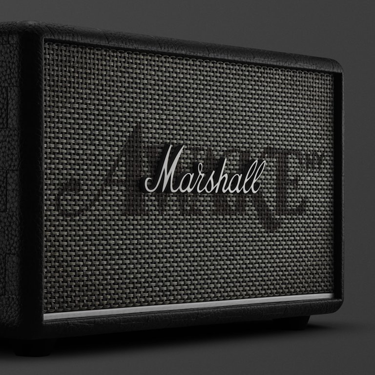 Marshall Acton III Awake NY bluetooth speaker, featuring a textured dark mesh front and white logo, is set against a dark background.