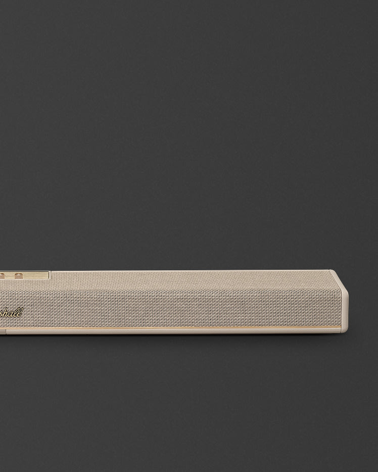 Lado derecho de la barra de sonido Heston 120 Cream con rejilla de malla.