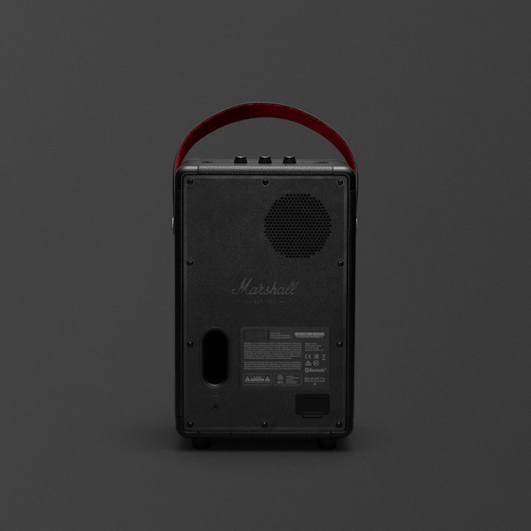 The Marshall Tufton Black speaker is a sleek and eye-catching black speaker with a touch of vibrant red.