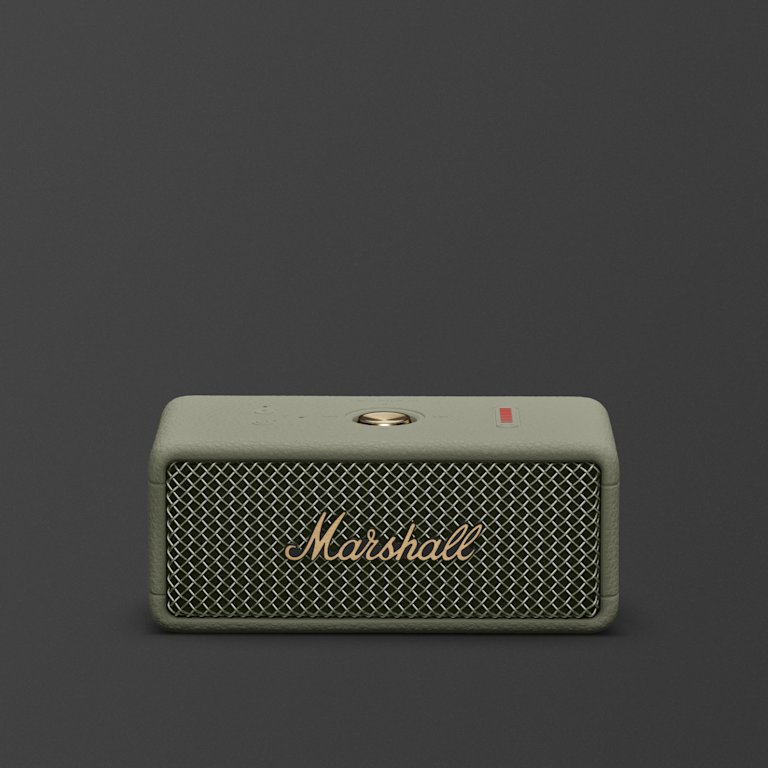 Marshall Emberton III Sage portable bluetooth speaker against a dark background.