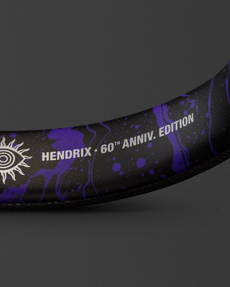 A close up of the Major V Hendrix Edition inner headband with "Hendrix 60th anniv. edition" print.
