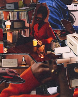 A collage of photos featuring Marshall Stanmore IV Black and Cream speaker.
