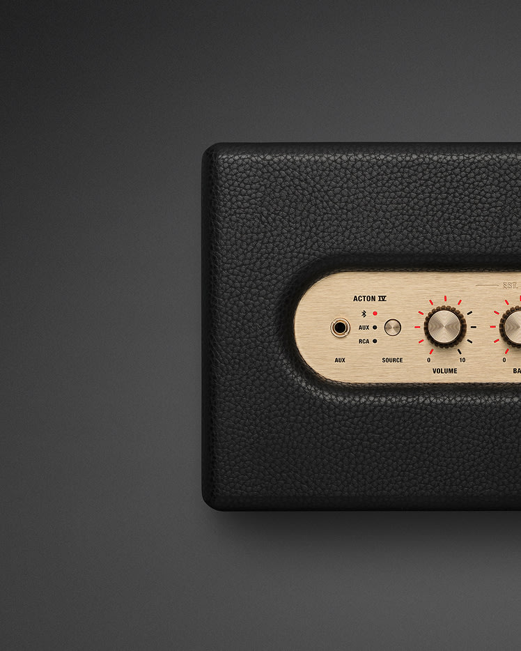 Top left view of Marshall Acton IV Black Bluetooth speaker.