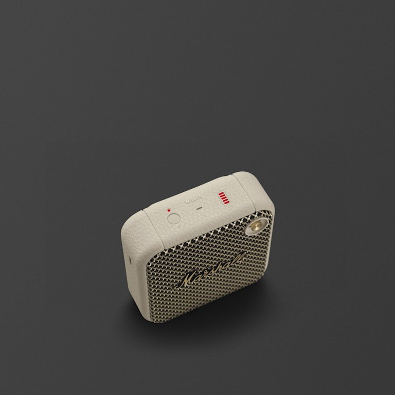 Willen Cream portable speaker in beige on a black background.