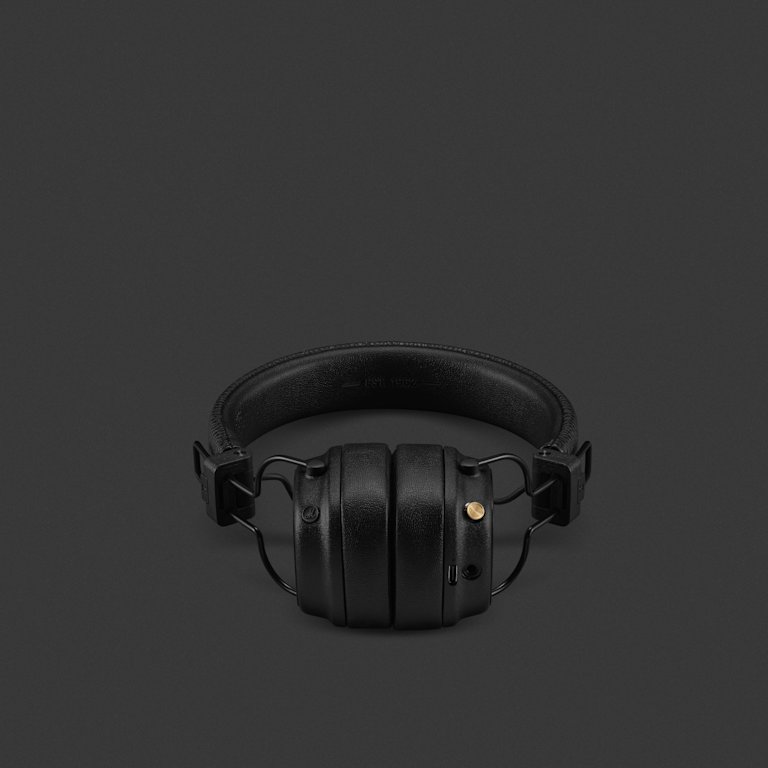 Front view of folded Marshall Major V Black on-ear headphones.