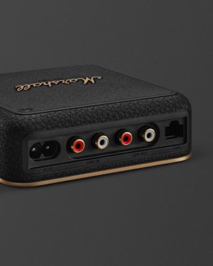 Close-up of the rear panel of a Heddon showing AC power input, line-in/out ports, and a LAN port on a dark background.