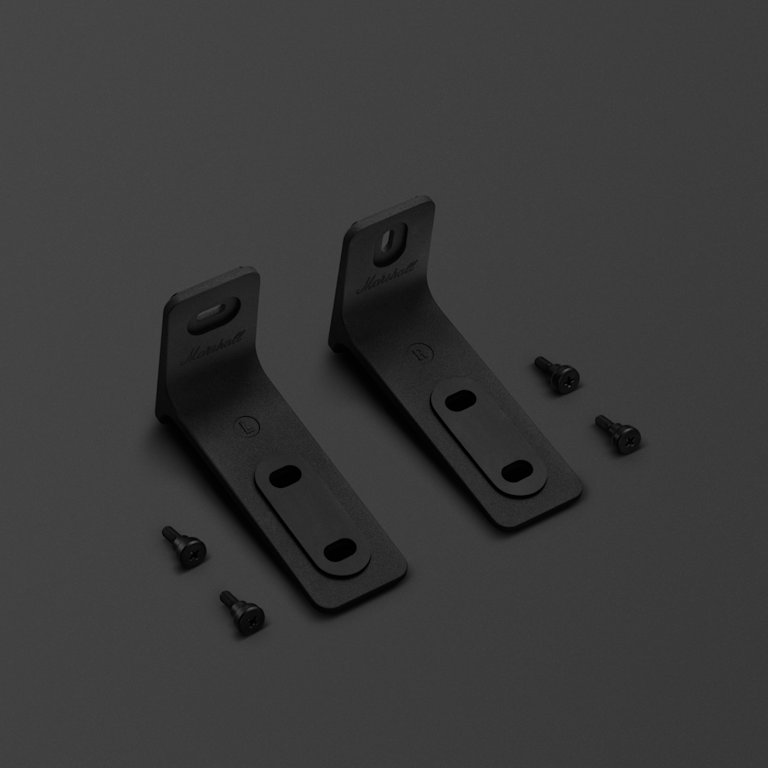 Heston 120 Wall Mount brackets by Marshall, labeled "L" and "R", are placed side by side with matching screws nearby on a dark surface.