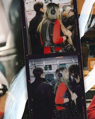 A Polaroid-style collage of a person wearing Milton A.N.C. in public
