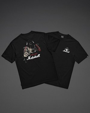 Two black Stax Reissue T-shirts showing front and back.
