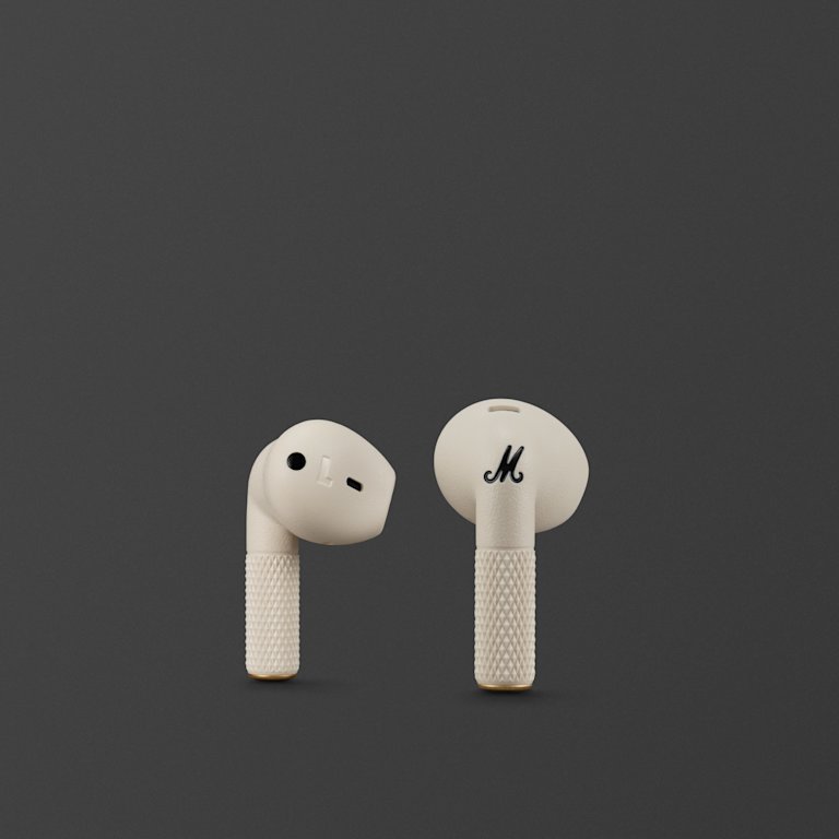 Marshall Minor IV Cream true wireless earbuds on a dark background.