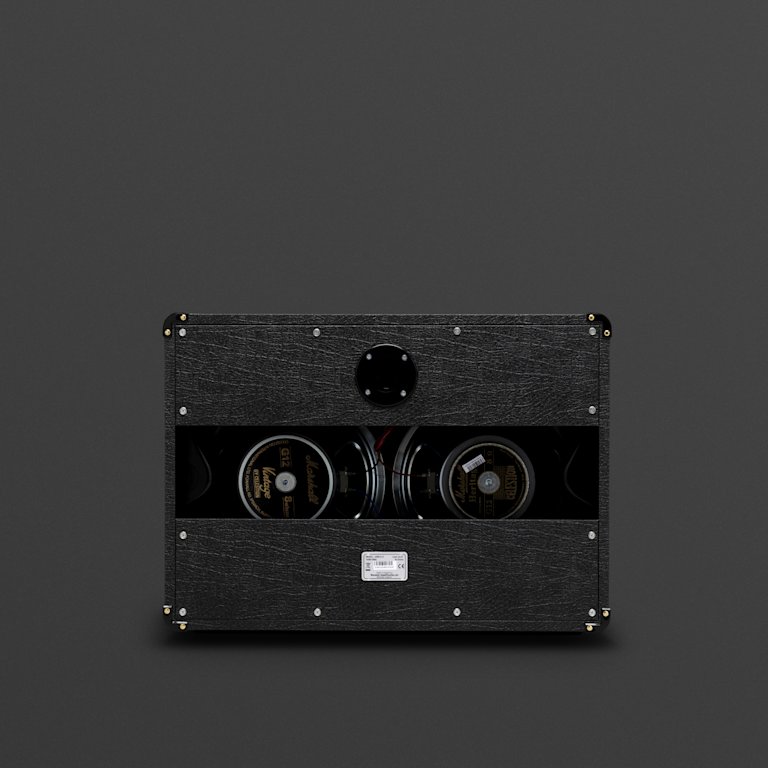 A black Marshall 1960A speaker cabinet on a grey background.