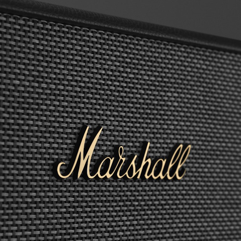 A close up of a black Marshall ACTON III BLACK speaker with the word Marshall on it.