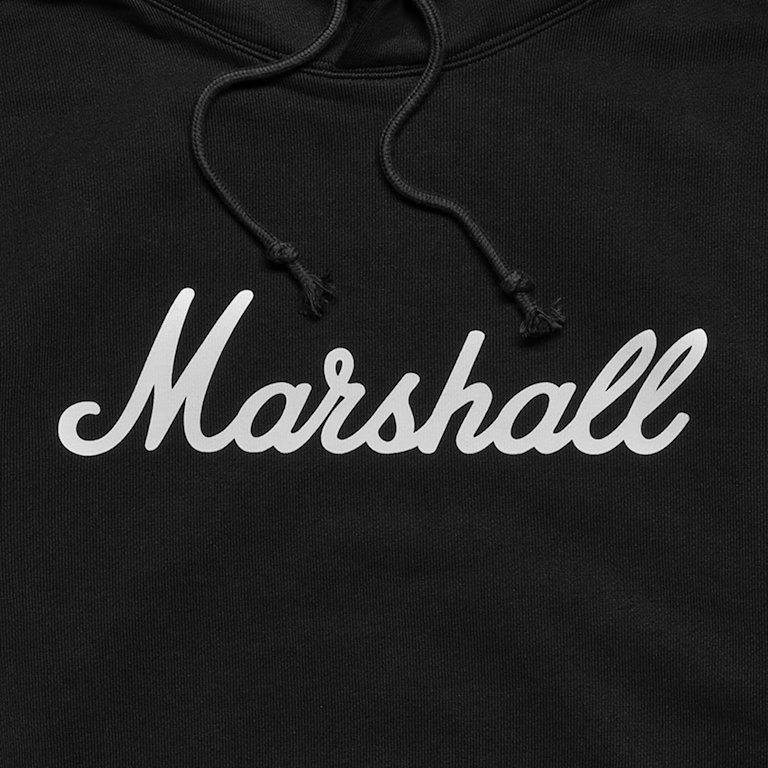 Standard Issue Script Hoodie in black script front closeup