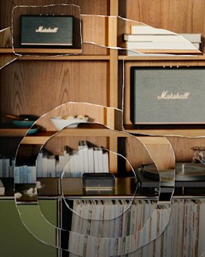 Home speakers and Heddon placed in a stylish living room