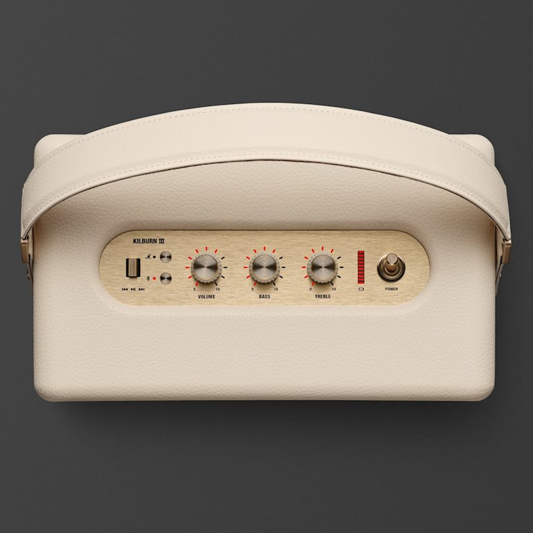 Marshall Kilburn III Cream portable speaker shown from above with a control panel featuring three knobs, a power switch, and input ports.
