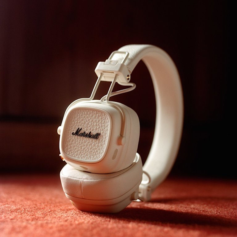 Marshall Major V Cream on-ear headphones displayed on a dark background with reflective accents.