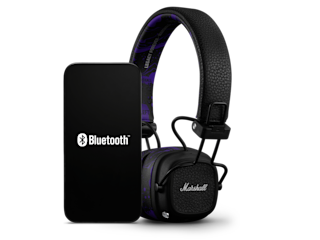 Major V Hendrix Edition headphones next to a smartphone with a Bluetooth logo on its screen.
