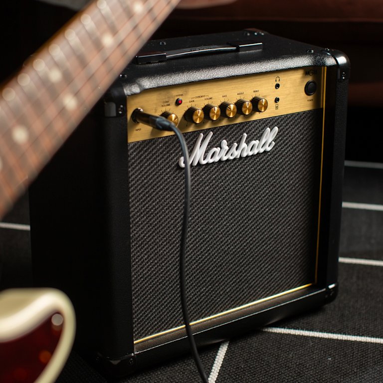 Upper left side view of the Marshall MG15G Combo in rehearsal room.