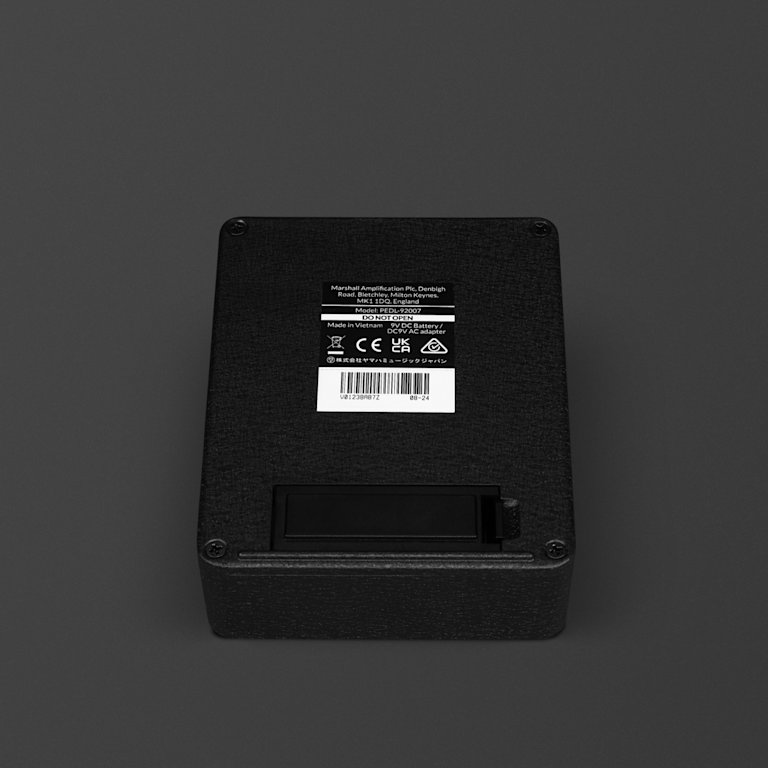 The product information label at the bottom side of the Marshall 1959 Overdrive pedal.
