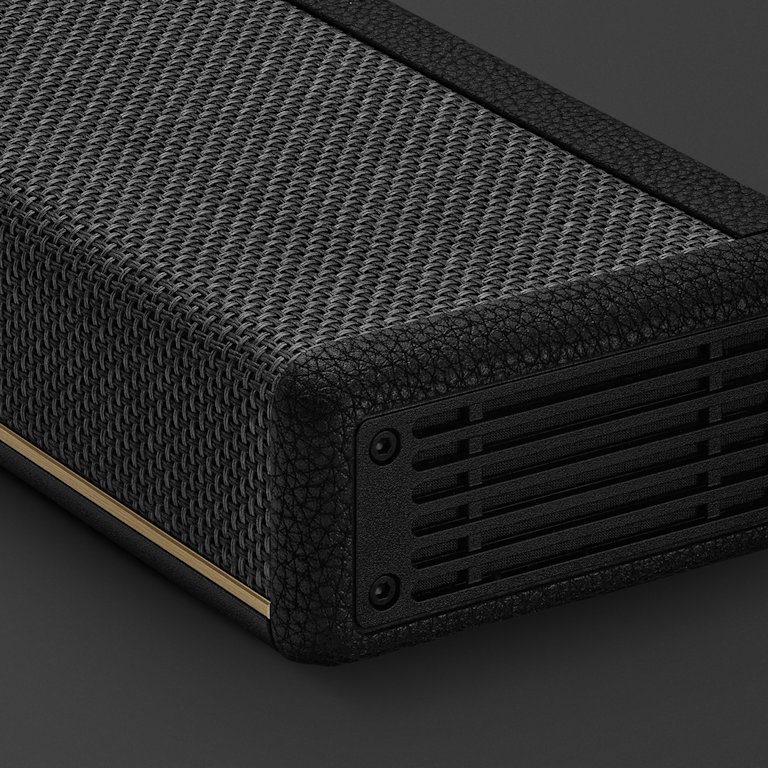 Close-up of the corner of the Marshall Heston 60 Black soundbar.