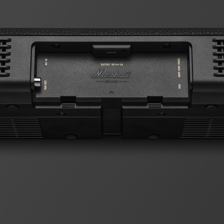 Close-up of the back panel of the Marshall Heston 60 Black soundbar.