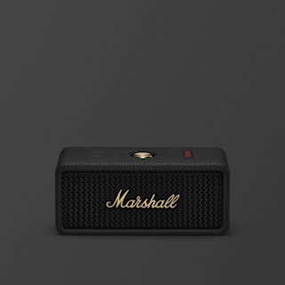 Marshall Emberton III Black and Brass portable Bluetooth speaker.