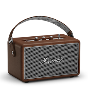 El icónico altavoz Marshall Kilburn III Brown en un fondo vacío.