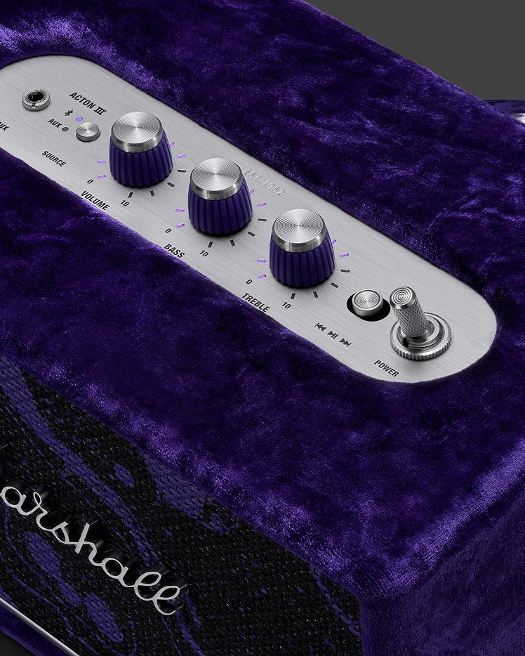 Close-up of the control panel on Acton III Marshall x Hendrix 60th Anniversary Edition speaker.