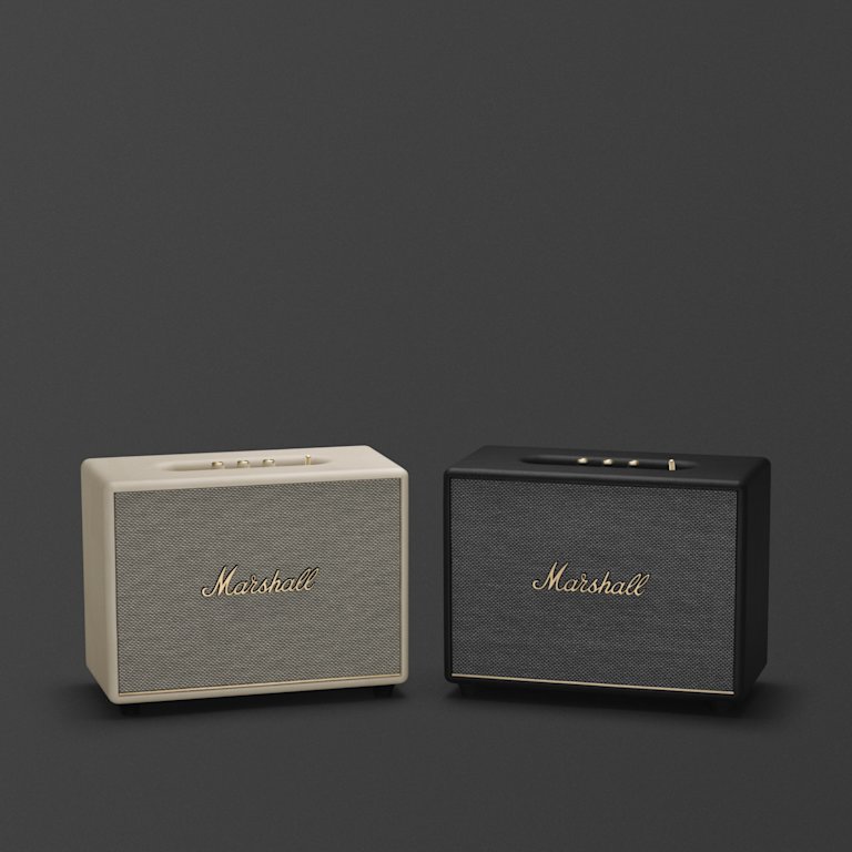 The Marshall WOBURN III BLACK is a stylish bluetooth home speaker available in black and gold.