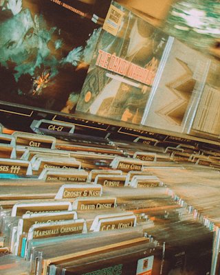 Vinyls in a store, organized by genre