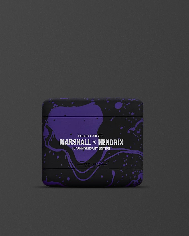 Side view of Emberton III Hendrix Edition with "Legacy forever" and "Marshall x Hendrix 60th Anniversary Edition” print.