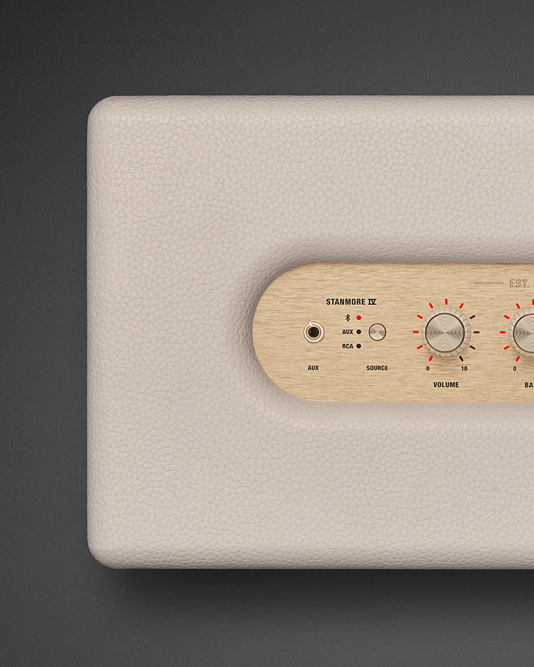 Top left view of Marshall Stanmore IV Cream Bluetooth speaker.
