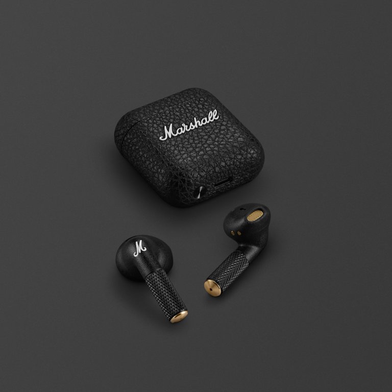 Marshall Minor IV Black true wireless earbuds with charging case.