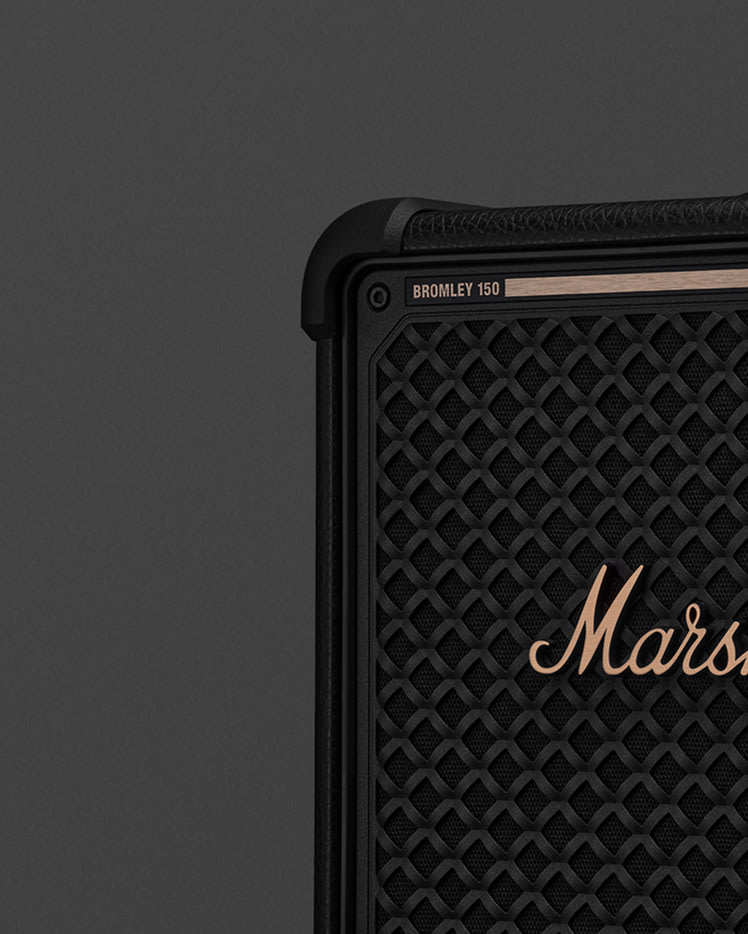 Close-up of the upper left corner of Bromley 150 Black and Brass party speaker.