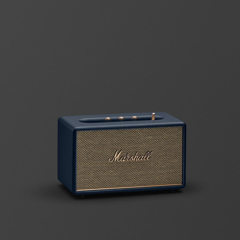Marshall Acton III Midnight Blue Bluetooth speaker with gold accents and control knobs on top, set against a plain dark background.