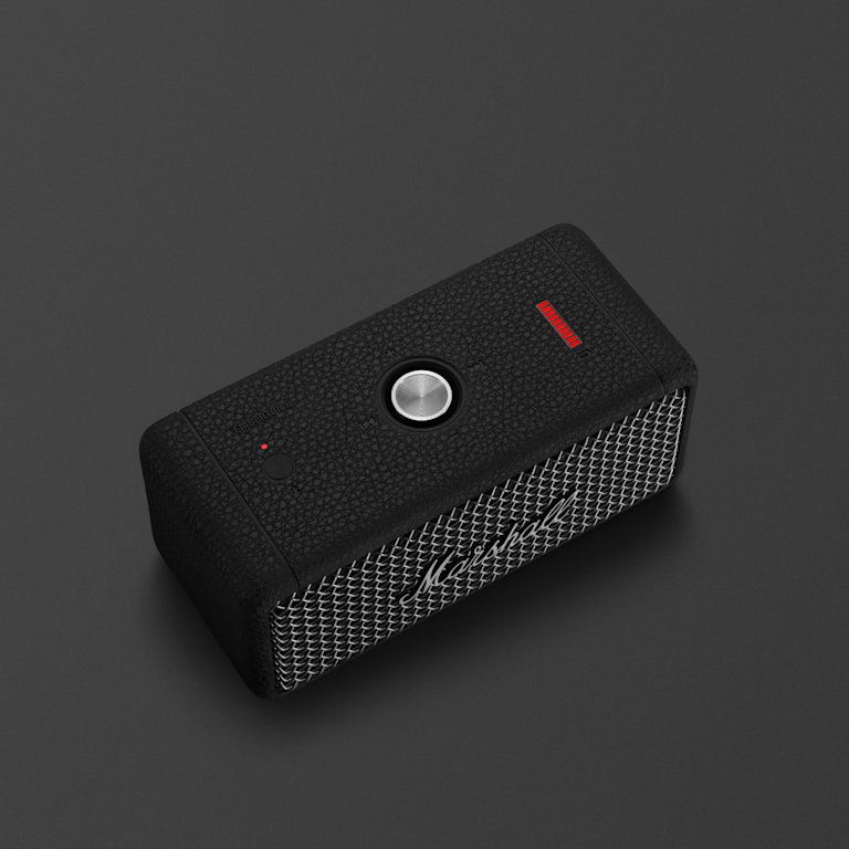 Angled image of the top of the portable speaker Emberton II Black and Steel by Marshall.