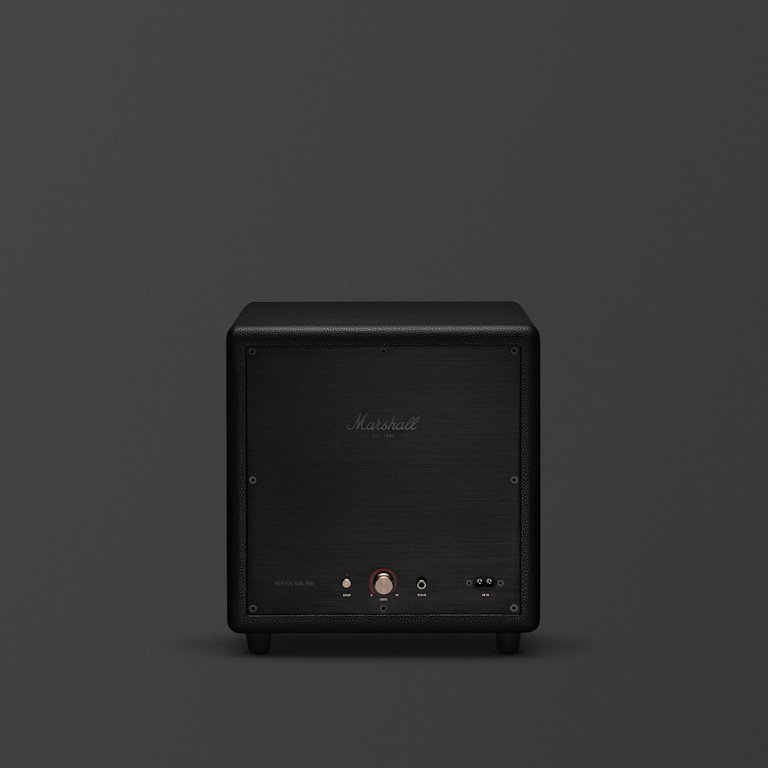 Marshall Heston Sub 200 Black features front-facing control knobs and input ports, displayed against a plain dark background.