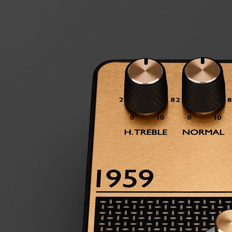 The treble and normal control knobs of the Marshall 1959 Overdrive pedal.