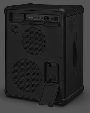 A black Marshall portable party speaker with control panel, input ports, two large speaker grilles, side handle, and an open battery door at the bottom.