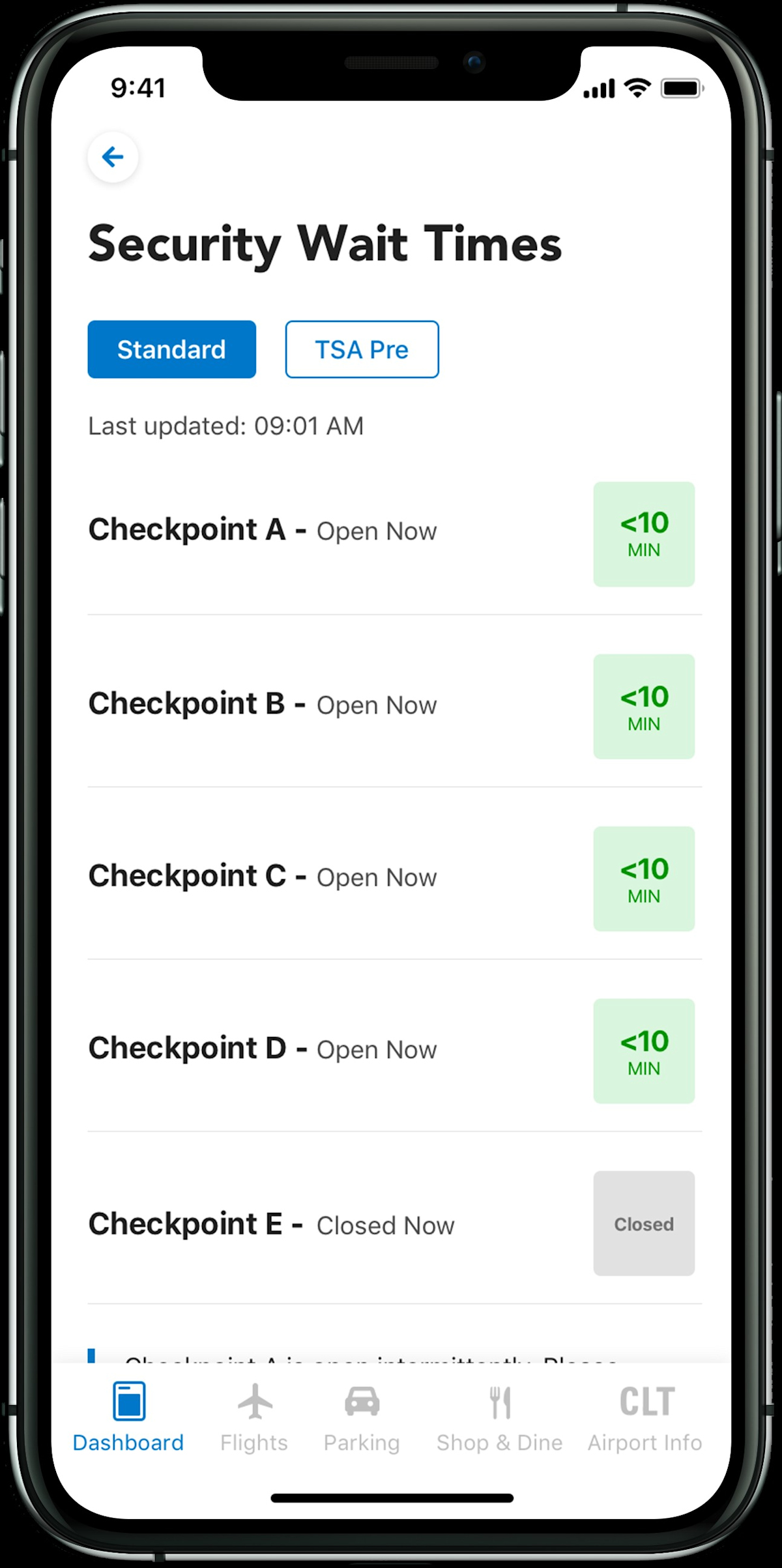 CLT Security Wait Times on App