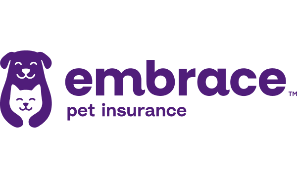 A purple dog hugs a white cat, next to the words "Embrace Pet Insurance" in lowercase.