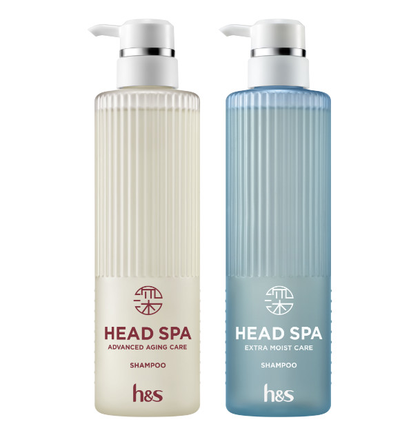 h&sヘッドスパアドバンスドエイジングケアとエクストラモイストケアのシャンプーボトル