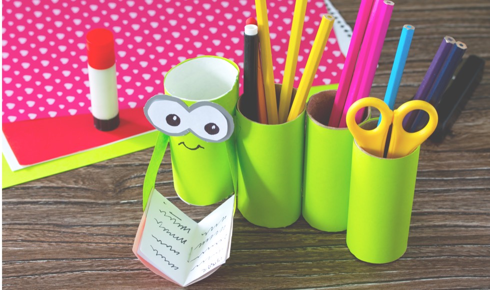 DIY pencil holder made out of paper towel rolls